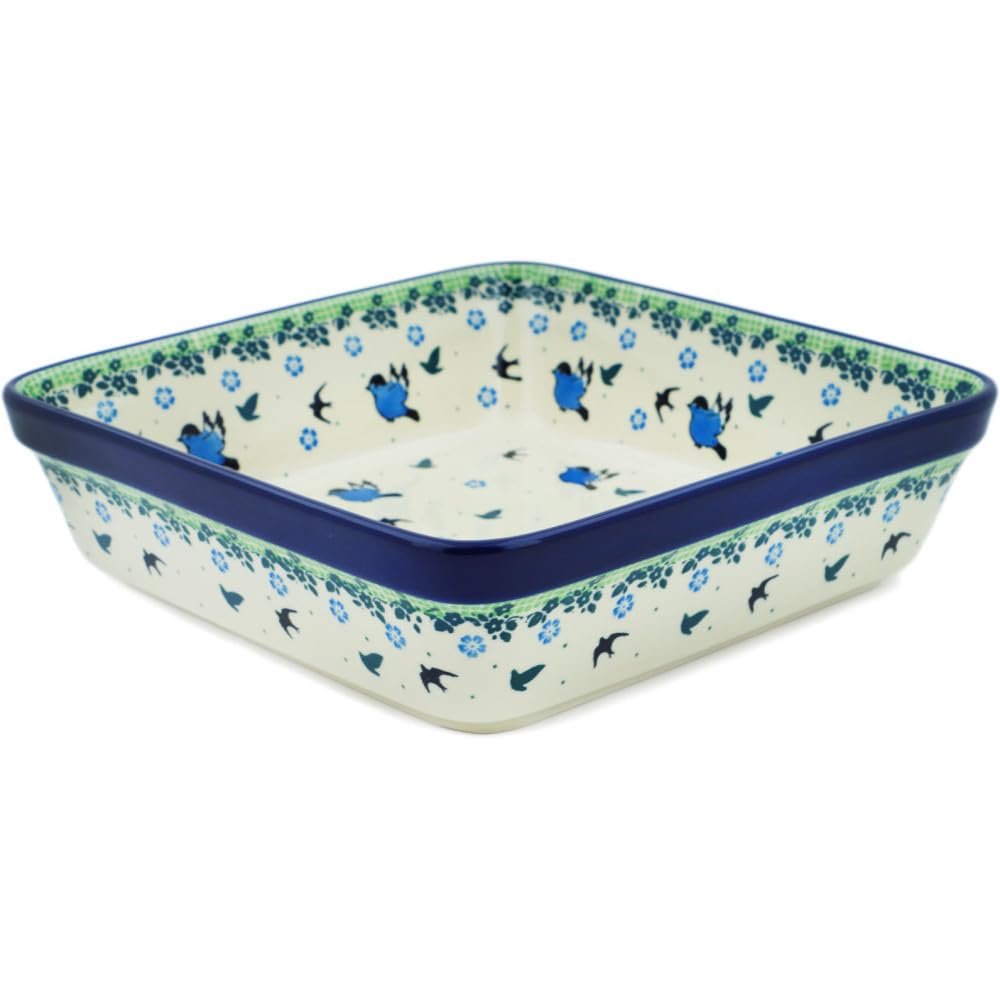 Polmedia Polish Pottery Authentic Polish Pottery Square Baker in Blue Bird Babies Design Handmade in Bolesawiec Poland by Ceramika Artystyczna + Certificate of Authenticity