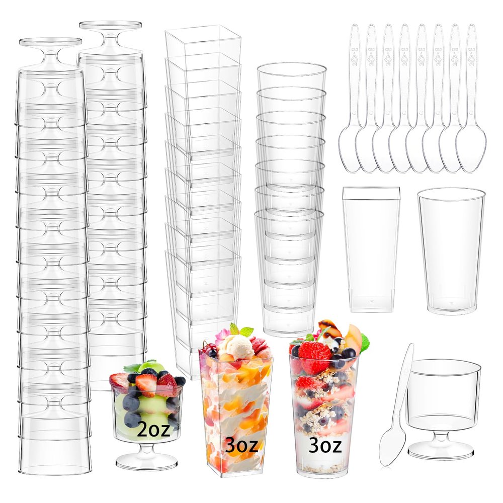 ALEXPRE 240 Packs 2/3 oz Mini Dessert Cups with Spoons, Square/Round/Round Goblet Clear Dessert Parfait Cups, Mini Plastic Dessert Cups Small Reusable Fruit Ice Cream Pudding Appetizer Cup Bowls