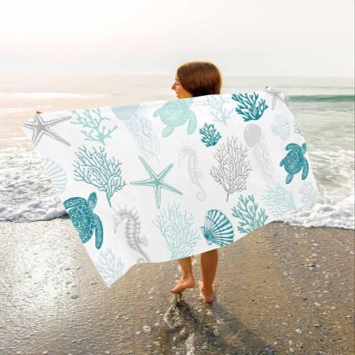 Coastal Turquoise Turtle Beach Towels Oversized Super Absorbent,Lightweight Bath Towel Quick Dry For Bathroom/Pool/Rv Camping/Beach Play/Gym Room/Picnic Watercolor Gradient Coral Shell White 31"x62"