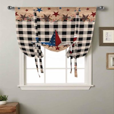 Stars Tie Up Curtain for Kitchen Adjustable Balloon Window Shade 45 Inch Length Independence Day American Flag Black White Plaid Rod Pocket Curtain Drape for Bedroom Living Room 52"x45" Valance