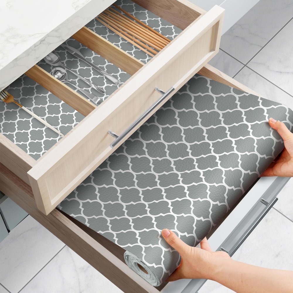 Gopas Drawer and Shelf Liner for Kitchen Cabinets Non-Adhesive, Non-Slip Cabinet Liner Shelf Paper Strong Grip Waterproof Easy to Clean for Kitchen Shelves Cupboard, Gray Lantern,12IN X 20FT