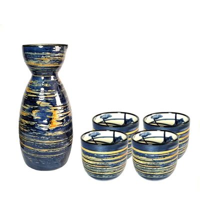 XARONF Sake Set Japanese Sake Cup Set Traditional Hand Painted Design Porcelain Pottery Ceramic Cups Crafts Wine Glasses 5 Piece