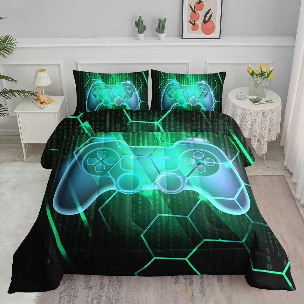 Axolotl Gamepad Comforter Set Queen Size,Number Video Gaming Gamer Bedding Set,Boys Game Console Comforter Set,Geometry Hexagonal Bedding Set for Teens Men Adults,1 Quilt 2 Pillowcases,Green Black