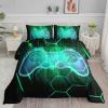 Axolotl Gamepad Comforter Set Queen Size,Number Video Gaming Gamer Bedding Set,Boys Game Console Comforter Set,Geometry Hexagonal Bedding Set for Teens Men Adults,1 Quilt 2 Pillowcases,Green Black view 1