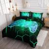 Axolotl Gamepad Comforter Set Queen Size,Number Video Gaming Gamer Bedding Set,Boys Game Console Comforter Set,Geometry Hexagonal Bedding Set for Teens Men Adults,1 Quilt 2 Pillowcases,Green Black view 4