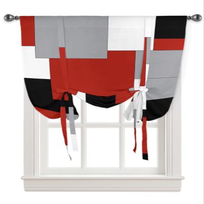 Abstract Tie Up Curtain for Kitchen Adjustable Balloon Window Shade 63 Inch Length Modern Abstract Art Red Grey White Color Blocks Rod Pocket Curtain Drape for Bedroom Living Room 46"x63" Valance