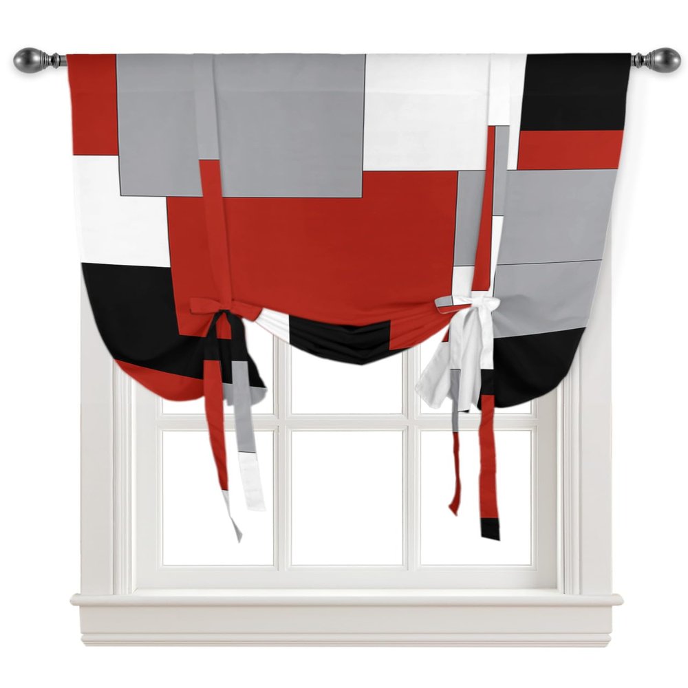 Abstract Tie Up Curtain for Kitchen Adjustable Balloon Window Shade 63 Inch Length Modern Abstract Art Red Grey White Color Blocks Rod Pocket Curtain Drape for Bedroom Living Room 46"x63" Valance