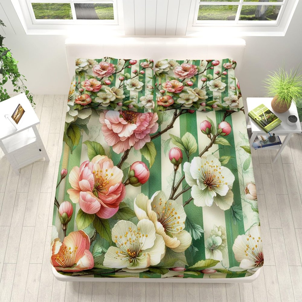 King Fitted Sheet, Ultra Soft Smooth Bed Sheets Set - Deep Pockets 16" - 4 Piece Set 1 Fitted Sheet, 1 Flat Sheet and 2 Pillowcases, Simple Geometric Flowers Bedding for Adult Childrengreen