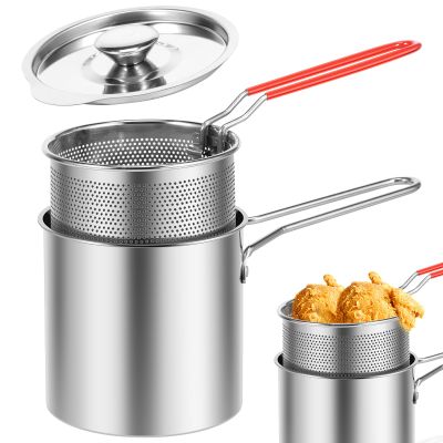 Deep Fat Fryer Set with Strainer Basket and Extended Handle, Mini Stainless Steel Deep Fryer Pot Food Grade Outdoor Fryer with Lid Portable Food Cooking Pot for Frying Fish Shrimp Chicken Fries
