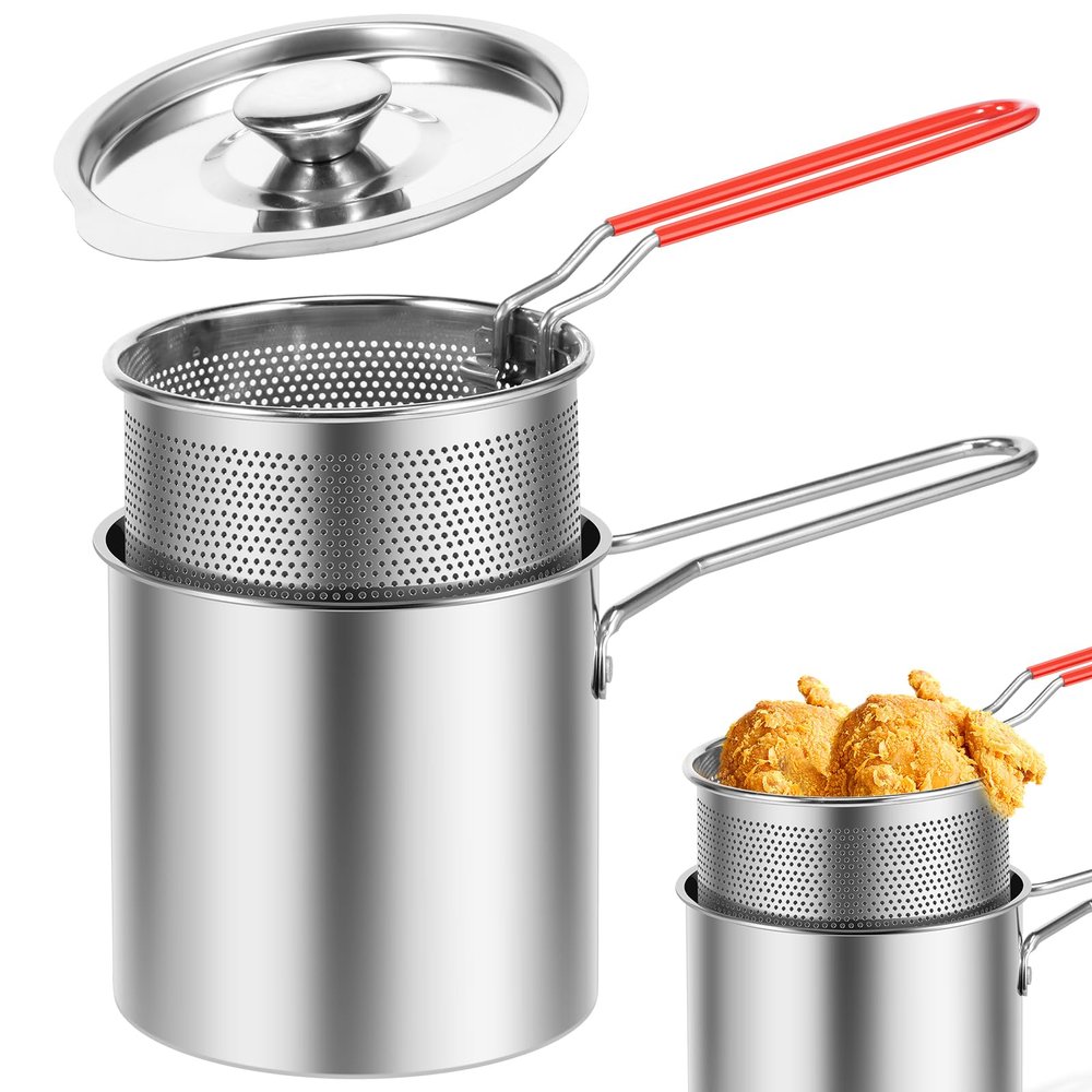 Deep Fat Fryer Set with Strainer Basket and Extended Handle, Mini Stainless Steel Deep Fryer Pot Food Grade Outdoor Fryer with Lid Portable Food Cooking Pot for Frying Fish Shrimp Chicken Fries