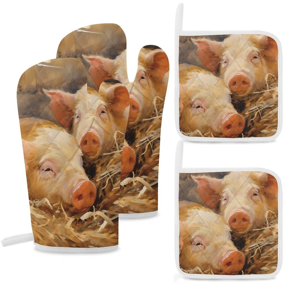 DJUETRUI 4 Pcs Oven Mitts and Pot Holders Heat Resistant Kitchen Oven Mitts with Pot Holders Pig on Straw Microwave Gloves Non-Slip Kitchen Hot Pads Set for Baking Cooking BBQ