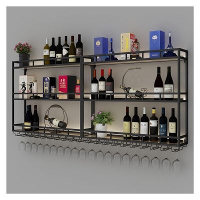 BYJSJY Bar Liquor Shelves Shelf with Glass Holder,LED Wine Racks Wall Mounted,Bar Floating Wall Shelves,Metal Hanging Wine Glass Holder,Wine Display Storage Rack,for Kitchen,Living Room,Home,Cafe (Co