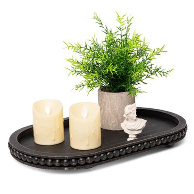 HPC Decor 15in Oval Tray for Home Decor - Black Wood Beaded Tray - Decorative Serving Tray,Rustic Farmhouse Wooden Trays for Vintage Centerpiece,Kitchen Counter,Living Room Decor,Coffee Table Decor.