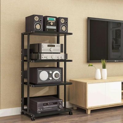 4-Tier AV Media Stand Corner Entertainment Center Modern Stereo Components Cabinet Audio Rack CD Player Stand Tower with Wooden Shelves for Home/Office/Theater, Black
