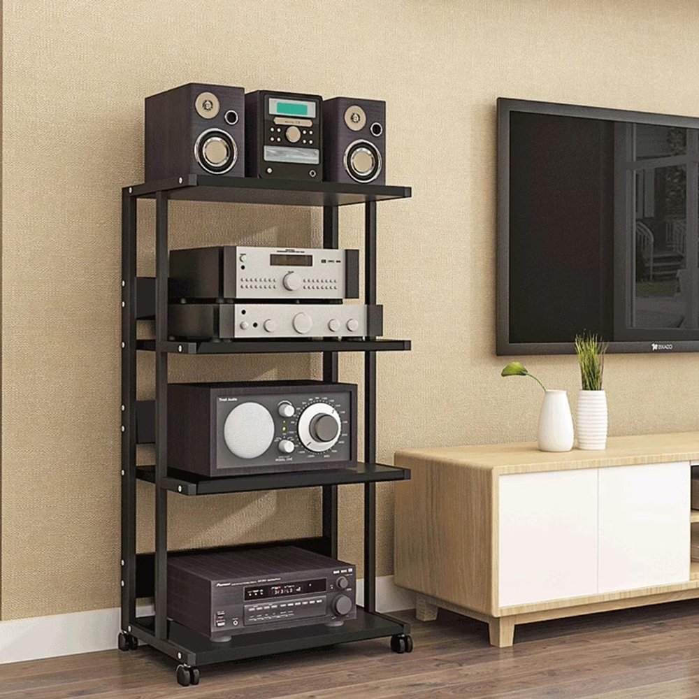 4-Tier AV Media Stand Corner Entertainment Center Modern Stereo Components Cabinet Audio Rack CD Player Stand Tower with Wooden Shelves for Home/Office/Theater, Black