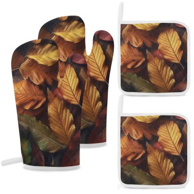 4 Pcs Oven Mitts and Pot Holders Heat Resistant Kitchen Oven Mitts with Pot Holders Fallen Leaves Microwave Gloves Non-Slip Kitchen Hot Pads Set for Baking Cooking BBQ