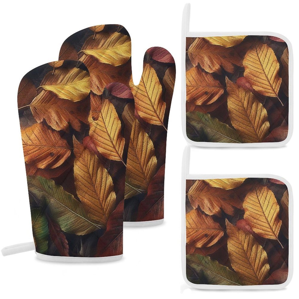 4 Pcs Oven Mitts and Pot Holders Heat Resistant Kitchen Oven Mitts with Pot Holders Fallen Leaves Microwave Gloves Non-Slip Kitchen Hot Pads Set for Baking Cooking BBQ
