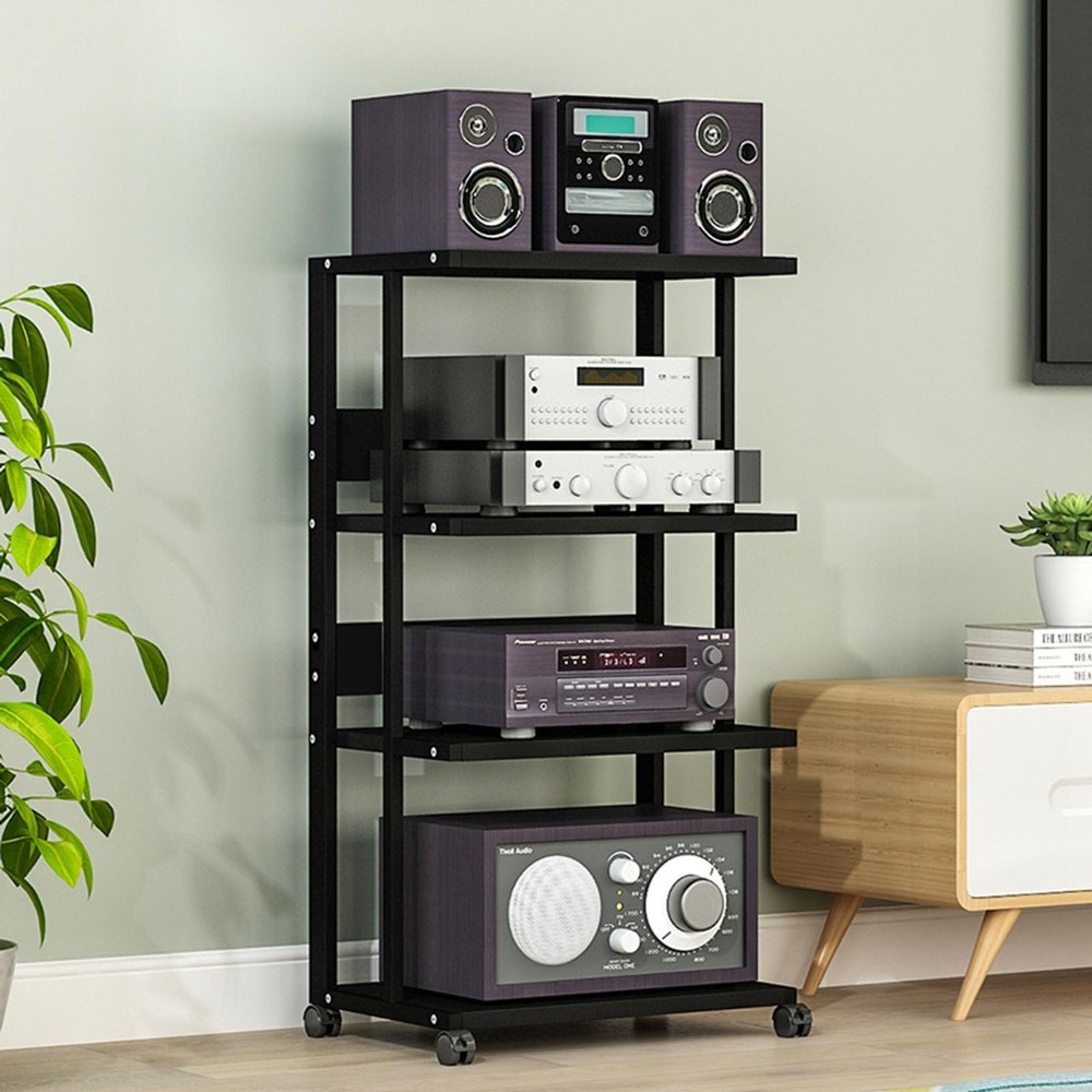 SOBS Audio-Video Media Stand with 4-Tier Wooden Shelves, Modern AV Stereo Components Cabinet CD Player Stand Sturdy Audio Rack Tower for Home/Office/Theater (Color : Black)