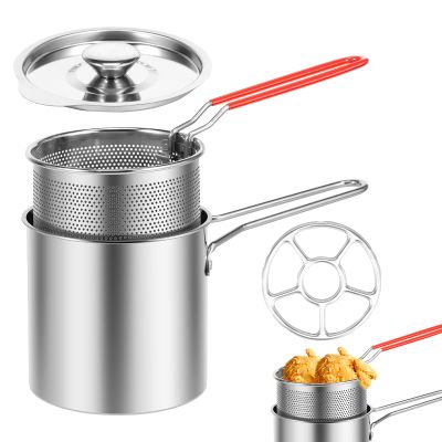 Deep Fat Fryer Set with Strainer Basket and Extended Handle, Mini Stainless Steel Deep Fryer Pot Food Grade Outdoor Fryer with Lid Portable Food Cooking Pot for Frying Fish Shrimp Chicken Fries
