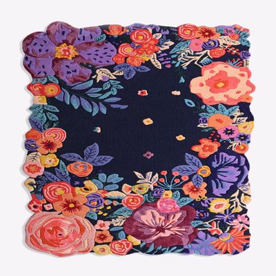 Handmade Floral Irregular Wool Area Rug | Vibrant Multicoloured Garden Flowers on Navy Background, Soft Plush, Durable & Thick | Perfect for Living Room, Bedroom Decor (Navy, 2.6' x 12')