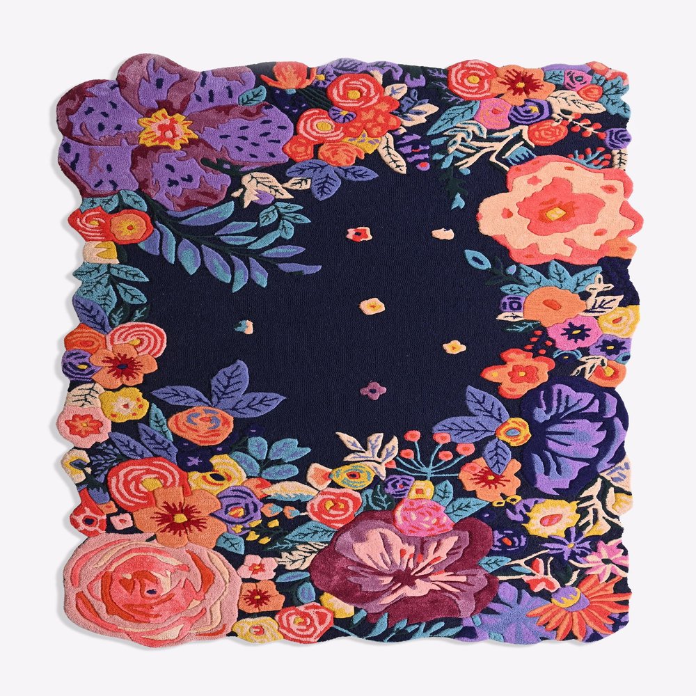 Handmade Floral Irregular Wool Area Rug | Vibrant Multicoloured Garden Flowers on Navy Background, Soft Plush, Durable & Thick | Perfect for Living Room, Bedroom Decor (Navy, 2.6' x 12')