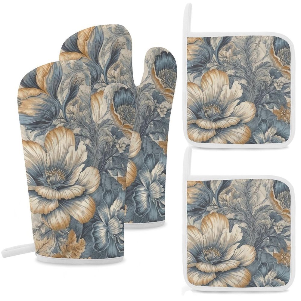 4 Pcs Oven Mitts and Pot Holders Heat Resistant Kitchen Oven Mitts with Pot Holders Beige Floral Pattern Microwave Gloves Non-Slip Kitchen Hot Pads Set for Baking Cooking BBQ