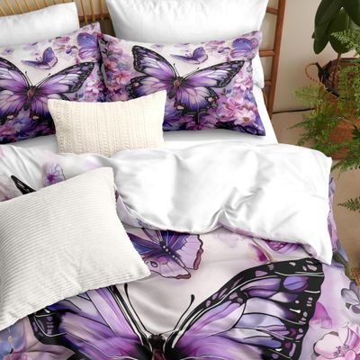 CCoutueChen Purple Butterfly Comforter Set Full Size Chic Flower Butterfly Bedding Sets for Kids Botanical Plants Comforter Boho Animal Bed Set Soft Microfiber Comforter for Girls Boys Bedroom Decor