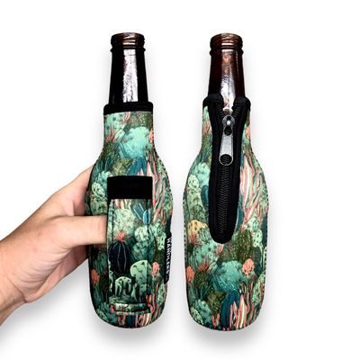 12 oz Beer Bottle Handler - Neoprene Bottle Sleeve with Pocket Handle - Insulated Beer Sleeves, Coral Cactus