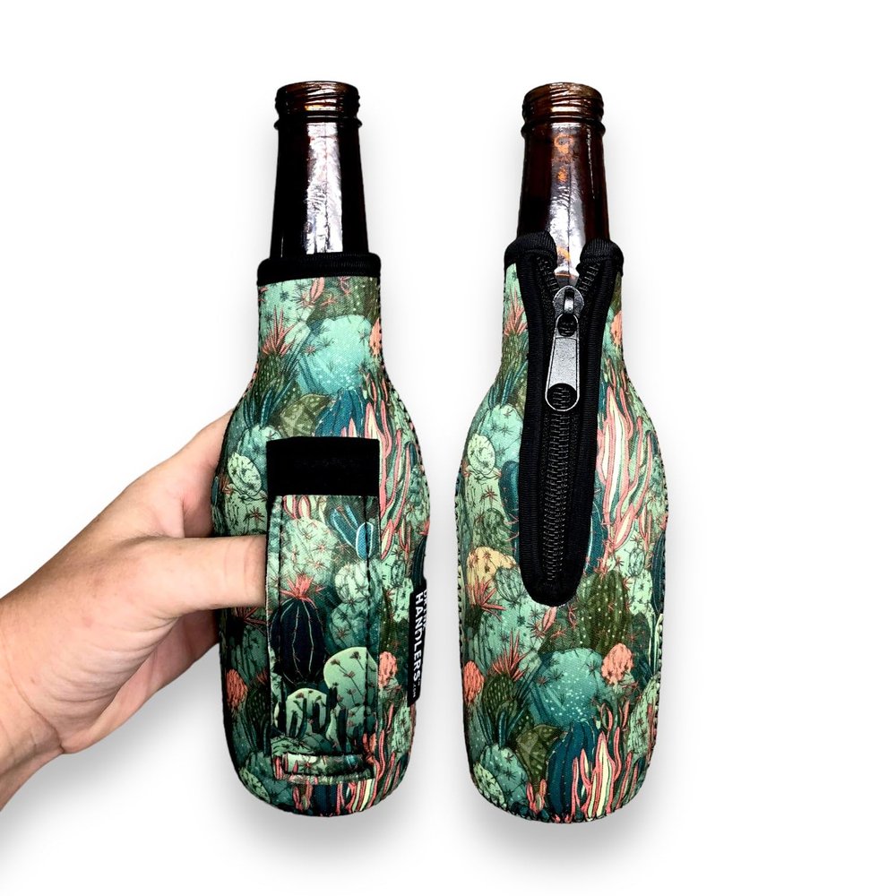 12 oz Beer Bottle Handler - Neoprene Bottle Sleeve with Pocket Handle - Insulated Beer Sleeves, Coral Cactus