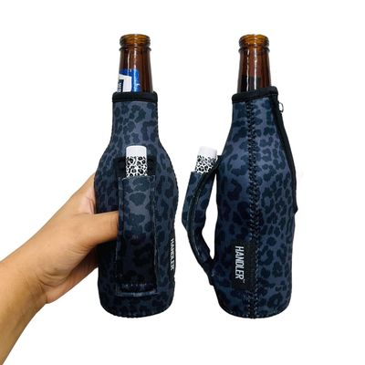 12 oz Beer Bottle Handler - Neoprene Bottle Sleeve with Pocket Handle - Insulated Beer Sleeves, Black Leopard