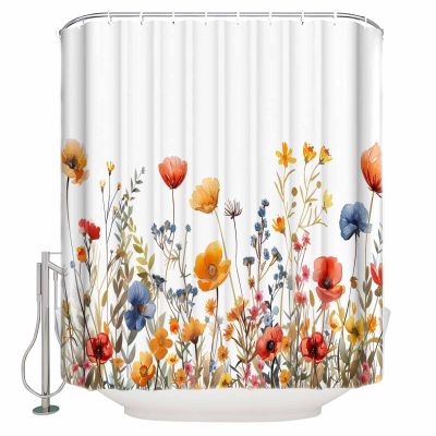 Orange Floral Shower Curtain Set with Hook 72"x72",Washable Cloth Polyester Fabric Shower+Curtain,Waterproof Bath Curtains for Bathroom,Showers,Bathtubs Watercolor Wildflower Botanical Herbs
