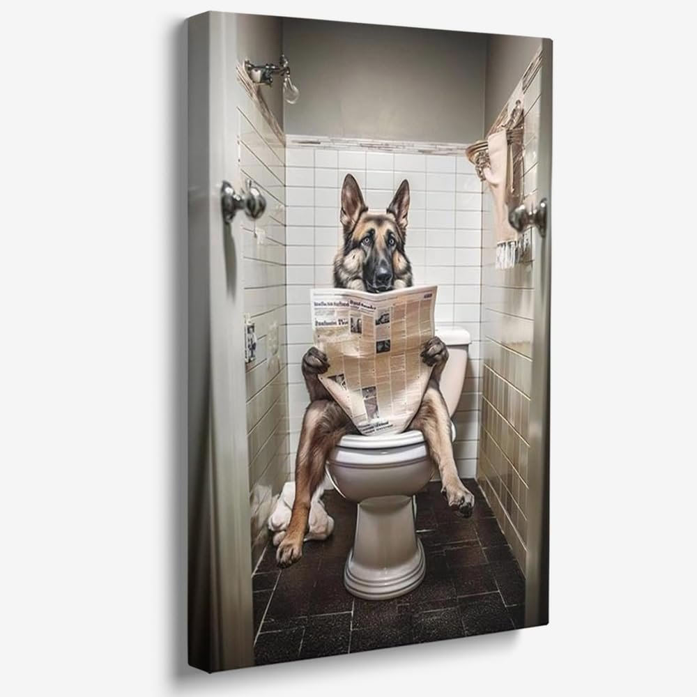 Reateforin Funny Gold Dog Wall Art German Shepherd Dog Reading Newspaper On Toilet Bathroom Pictures Wall Decor Cute Animal Prints Bathroom Art Bathroom Decor Wall Art for Bedroom Living Room 28"x40"