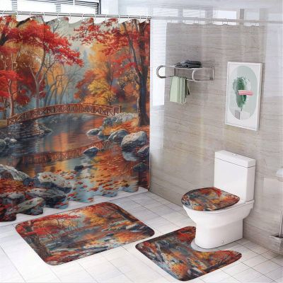 Brebasf Rustic Oil Painting Fall Landscape Shower Curtain Set Bathroom Set Decorative Vintage Mid Century Beautiful Autumn Forest Falling Leaves 4 Piecet