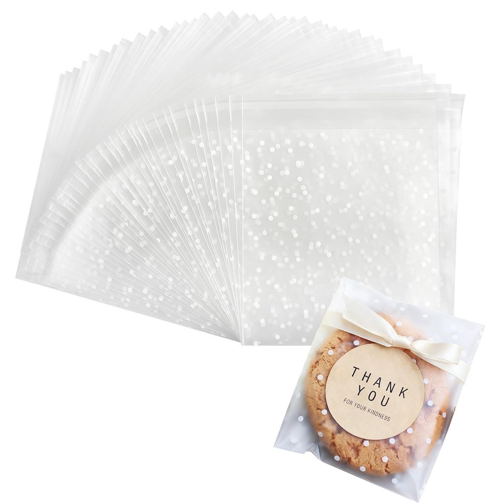 Zezzxu 200 Self Adhesive Cookie Bags, 5.5 x 5.5 Inches White Polka Dot Cellophane Treat Bags for Packaging, Gift Giving