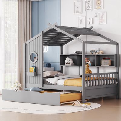 Merax Wood Full House Daybed with Trundle & Storage Shelves,Day Bed for Kids Boys Girls No Box Spring Needed Gray