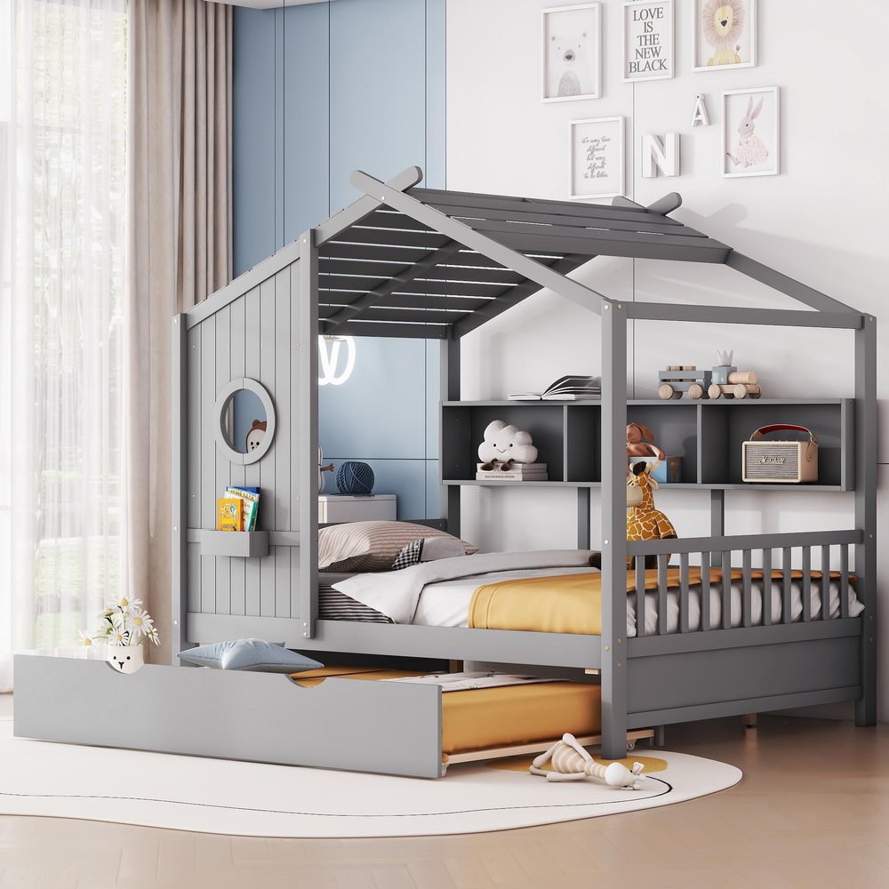 Merax Wood Full House Daybed with Trundle & Storage Shelves,Day Bed for Kids Boys Girls No Box Spring Needed Gray