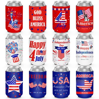4th of July Decorations, 12 PCS American Flag Can Cooler Sleeves for Independence Day, Collapsible Drink Insulator Sleeve Neoprene Bottle Holder for Memorial Day Fourth of July Patriotic Party Favors