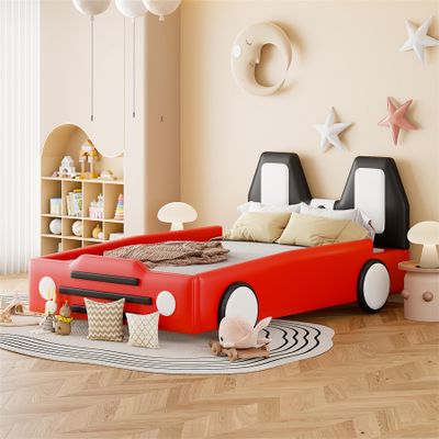 Merax Car Bed Frames for Boys,Twin Size Race Car Platform Bed with Wheels,Kids Twin Bed Frame with Soft PU Leather Headboard,No Box Spring Needed,Easy Assembly