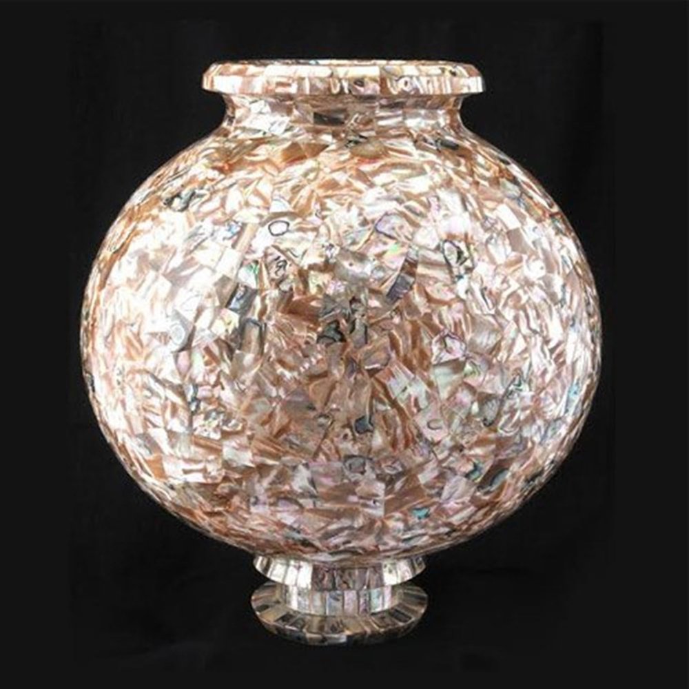 10 Inches Mother of Pearl Overlay Work Decorative Plantter White Marble Flower Vase for Hallway and Lawn Decor