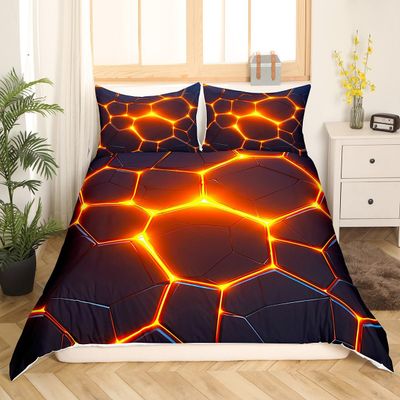 Boys Honeycomb Bedding Set King Size Black and Gold Honeycomb Duvet Cover,Girls Kids Beehive Geometrical Comforter Cover Geometric Hexagon Bedspread Cover Neon Lights Bedding