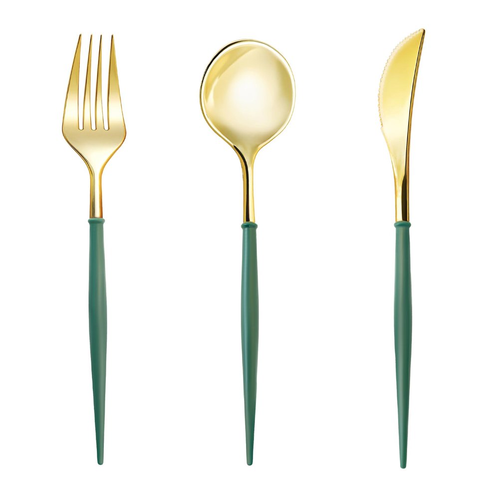 Lullaby 150PCS Gold Plastic Silverware Cutlery Set with Green Handle