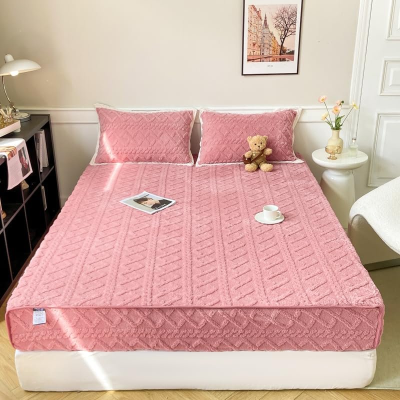 Flannel Velvet Mattress Cover, Plush Shaggy Taffeta Fleece Ultra Soft Fitted Bottom Sheet for Fall and Winter, Fitted Deep Pocket Up to 11'' (Pink, Twin35 x78)