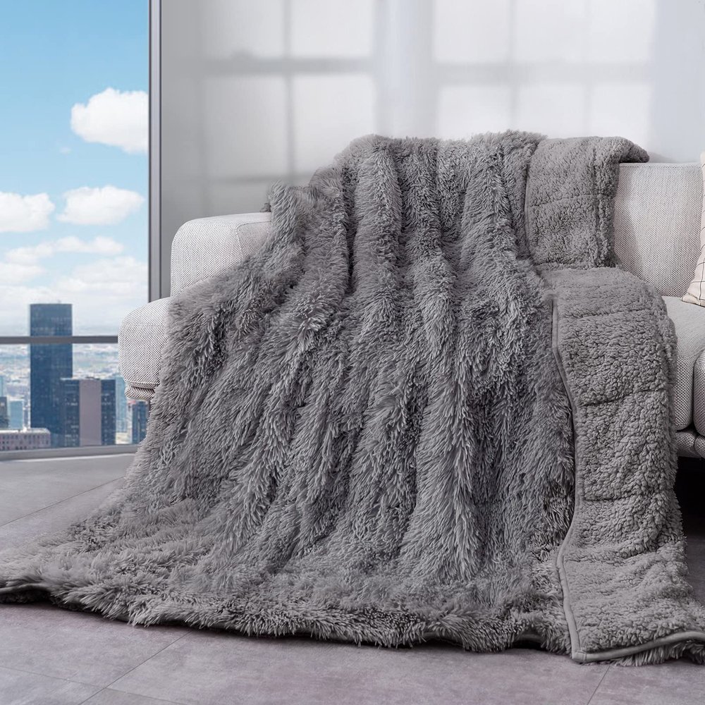 Cottonblue Adults Weighted Blanket 17lbs 60x80 inches, Faux Fur Sherpa Weighted Blanket for Sofa Couch, Plush Cozy Bed Blanket with Ceramic Beads for Calm and Relax, Grey