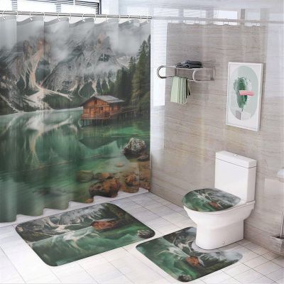 FOCCAFB 4 Pcs Beautiful Lake View Bathroom Sets with Shower Curtain and Rugs, Mountain Nature Landscape Cabin Shower Curtain Set with Rug, Mats and Accessories for Bathroom Decor