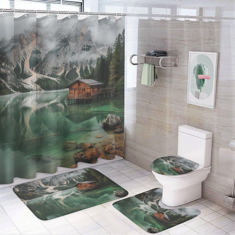 FOCCAFB 4 Pcs Beautiful Lake View Bathroom Sets with Shower Curtain and Rugs, Mountain Nature Landscape Cabin Shower Curtain Set with Rug, Mats and Accessories for Bathroom Decor