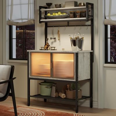 Bestier Coffee Bar with Storage, 5 Tier Microwave Stand with LED Lights, Kitchen Bakers Rack with Cabinet, Heavy Duty Storage Shelves for Kitchen Garage Pantry(Retro Grey Oak Light)