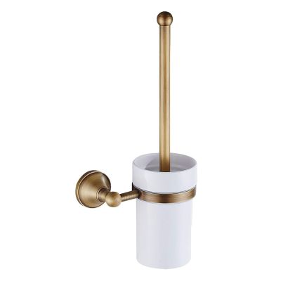 NOLLAM Bathroom Antique Brass Toilet Brush Holder Wall Mounted Bathroom Toilet Brush Set Holder Brush w/Ceramic Cup Vintage Decor Bathroom Accessories Toilet Bowl Scrubber, Gold
