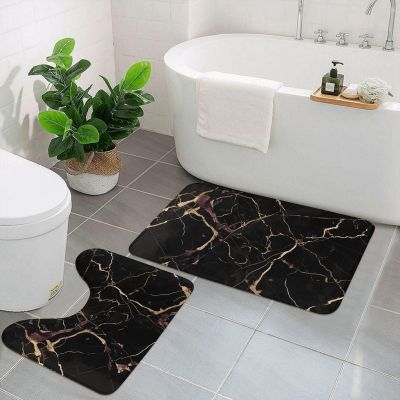 HCBPWVQA Black Gold Marble Bathroom Rugs Set 2 Piece Soft Absorbent Microfiber Bath Rug and U-Shaped Toilet Rug Non Slip Bath Mats for Bathroom Floor Mats