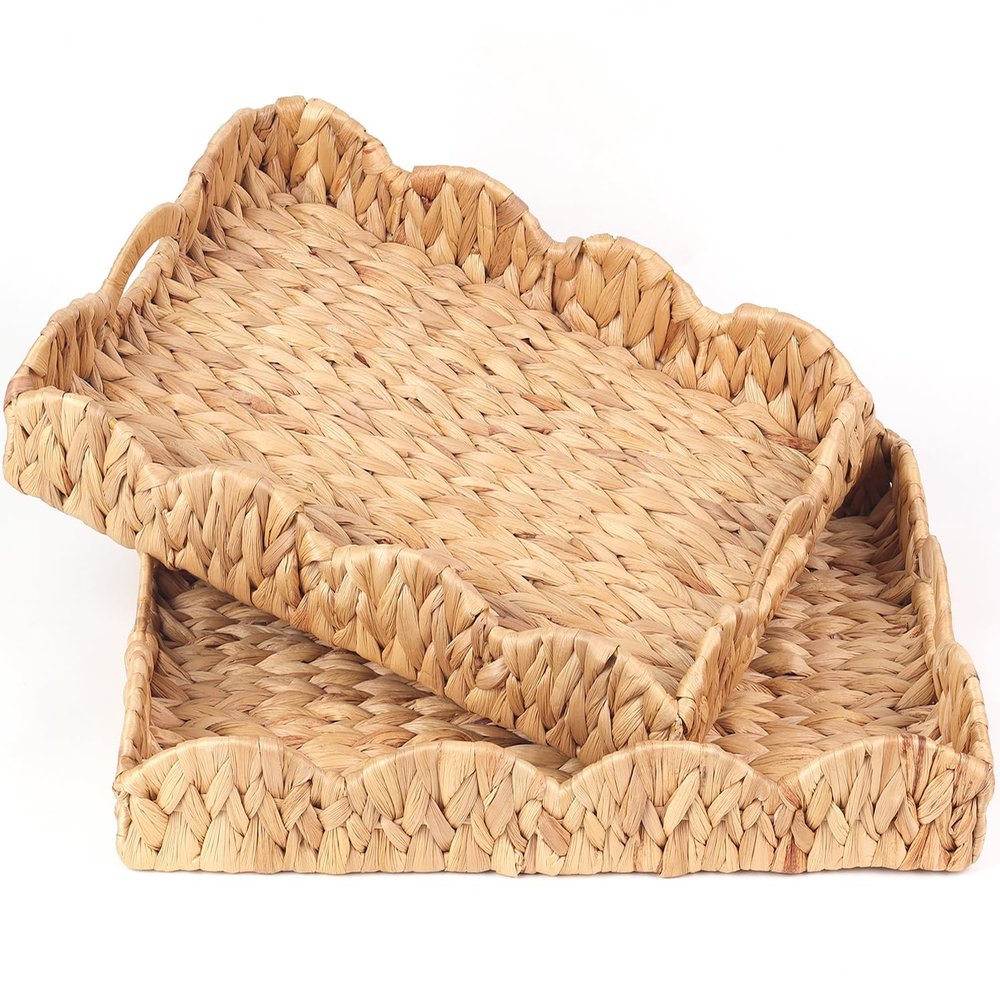 Scalloped Water Hyacinth Tray, Hand-Woven Wicker Storage Baskets with Scalloped Edge and Handles (17x13x3 inch) Rectangular Handwoven Trays, Water Hyacinth Basket, 2 Pack