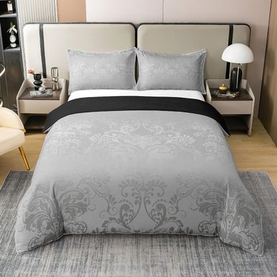 100% Cotton Grey White Ombre Damask Bedding Set Twin Size Horror Sugar Skull Duvet Cover Antique Victorian Baroque Comforter Cover Vintage Victorian Style Quilt Cover With Zipper Closure,Soft Warm